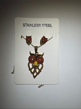 Gold-Tone Owl Necklace and Stud Earrings Set with Red Accents
